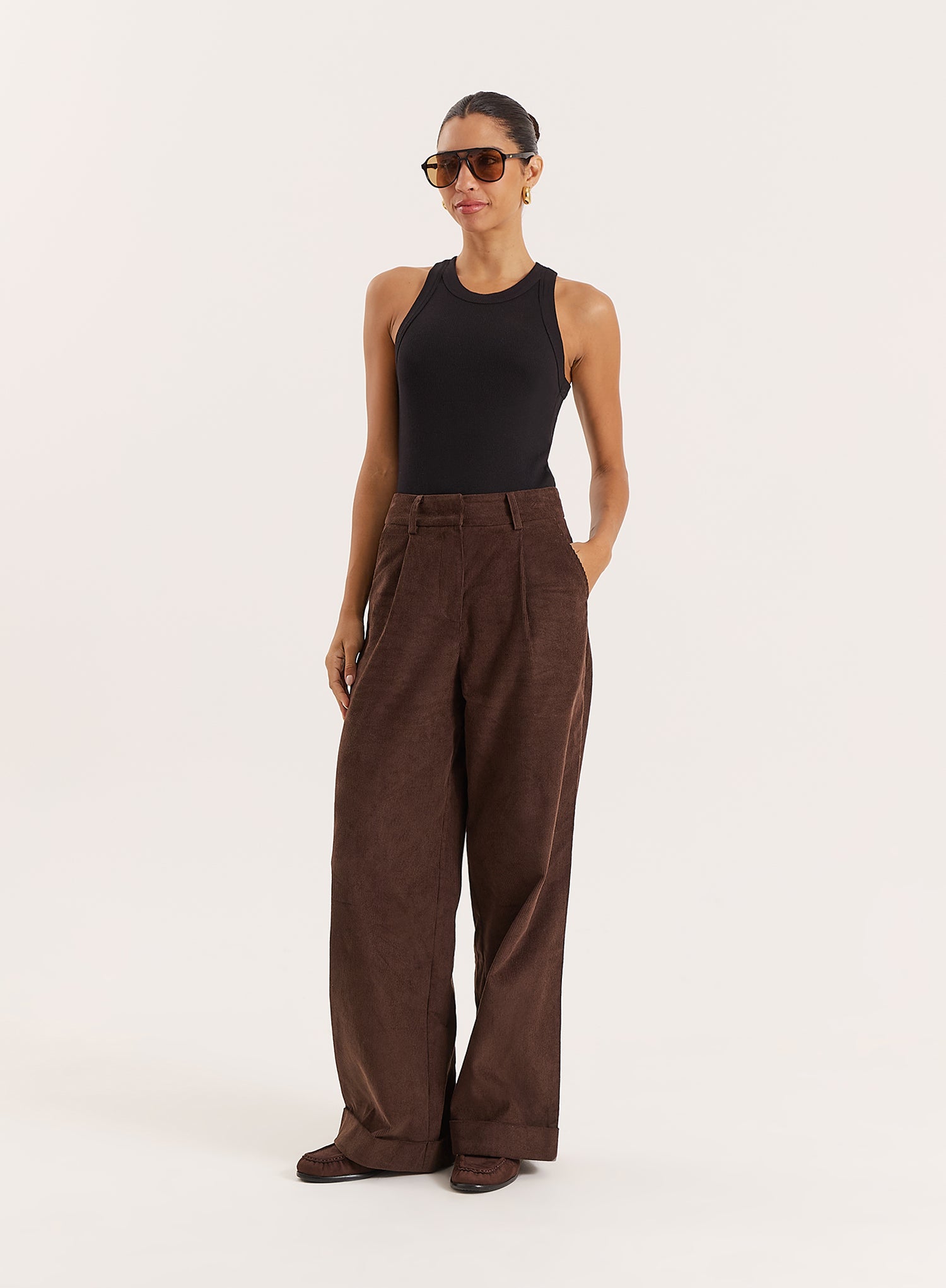 Chocolate Belted Turn Up Cord Wide Leg Trousers - Hughes